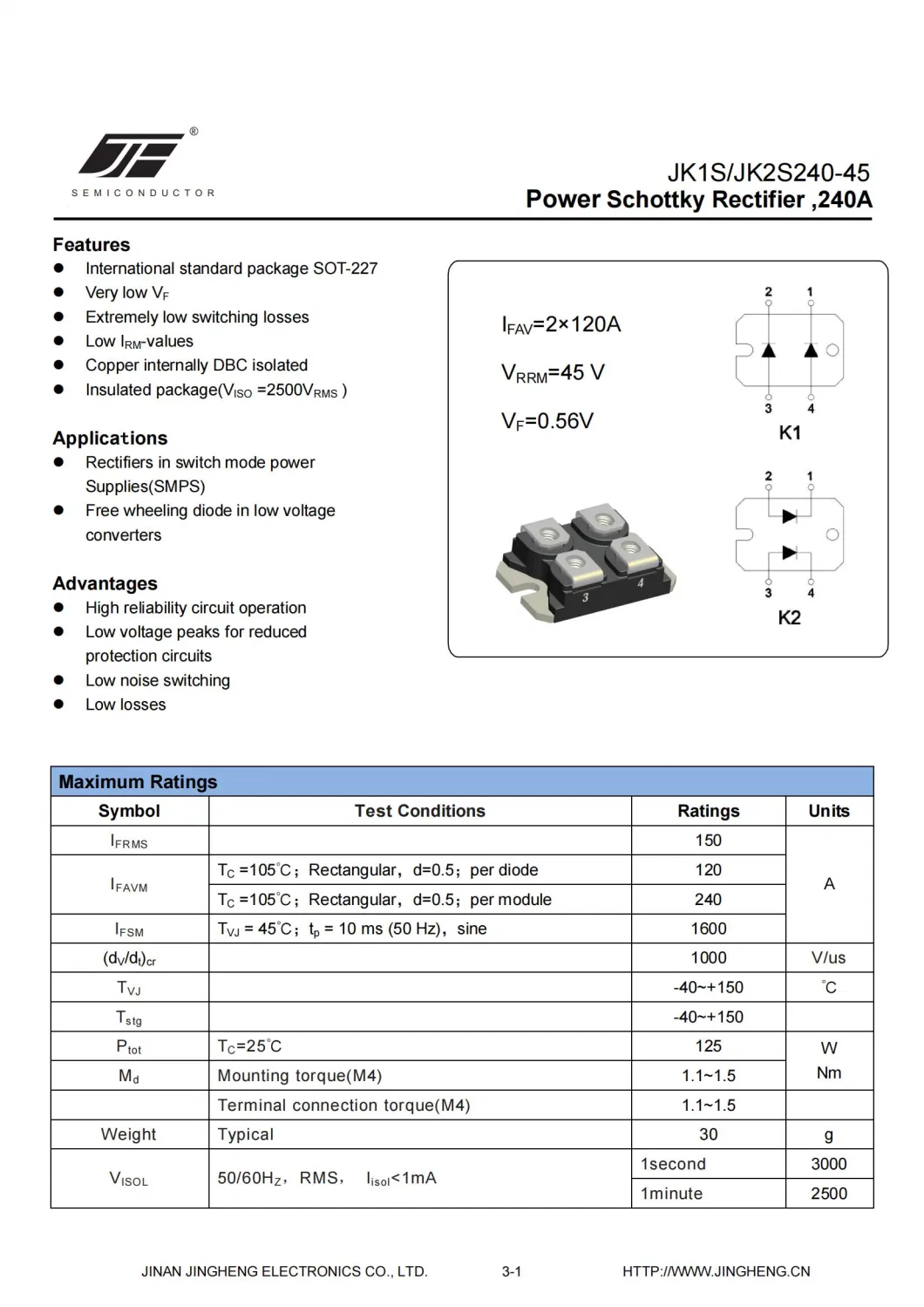 JK2S240-45 Power Schottky Rectifier Module 240A with SOT-227 Outline used as DSS2X121-0045B